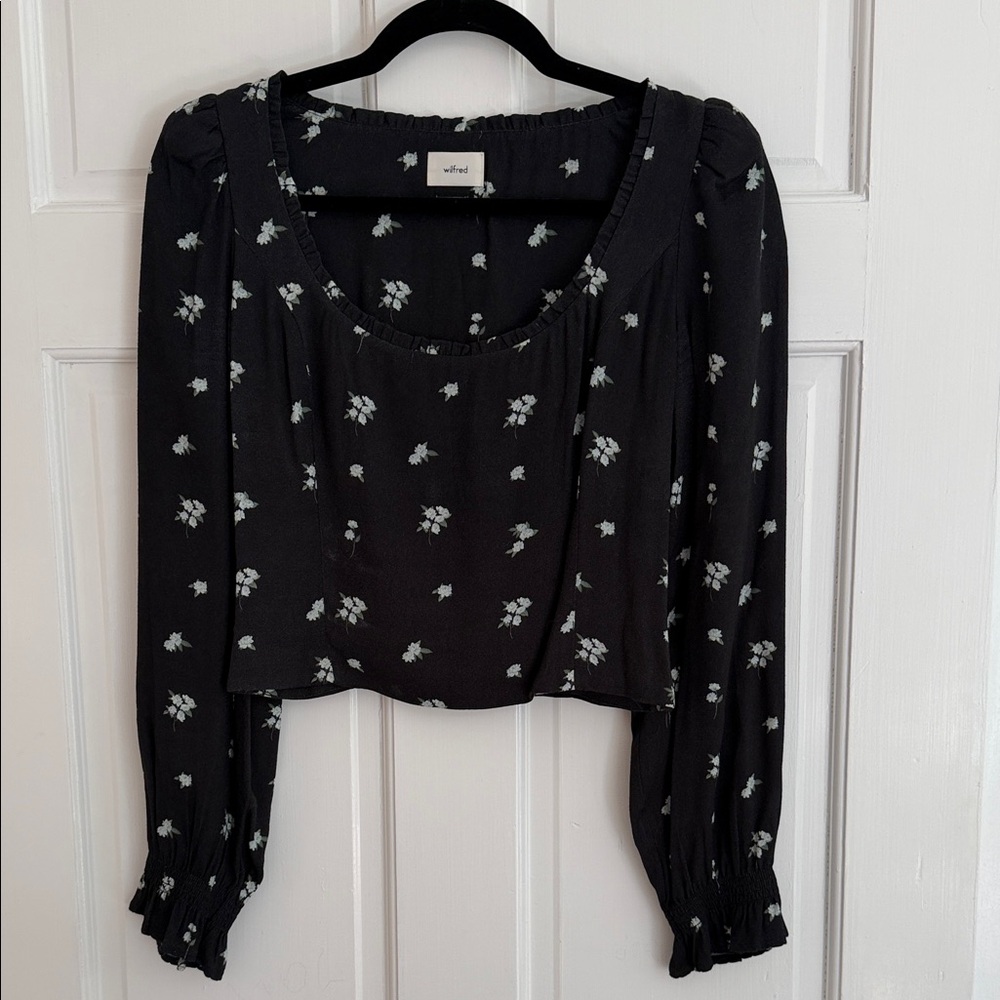 Aritzia Wilfred Black Floral Square-Neck Long Sleeve Crop Top Size M